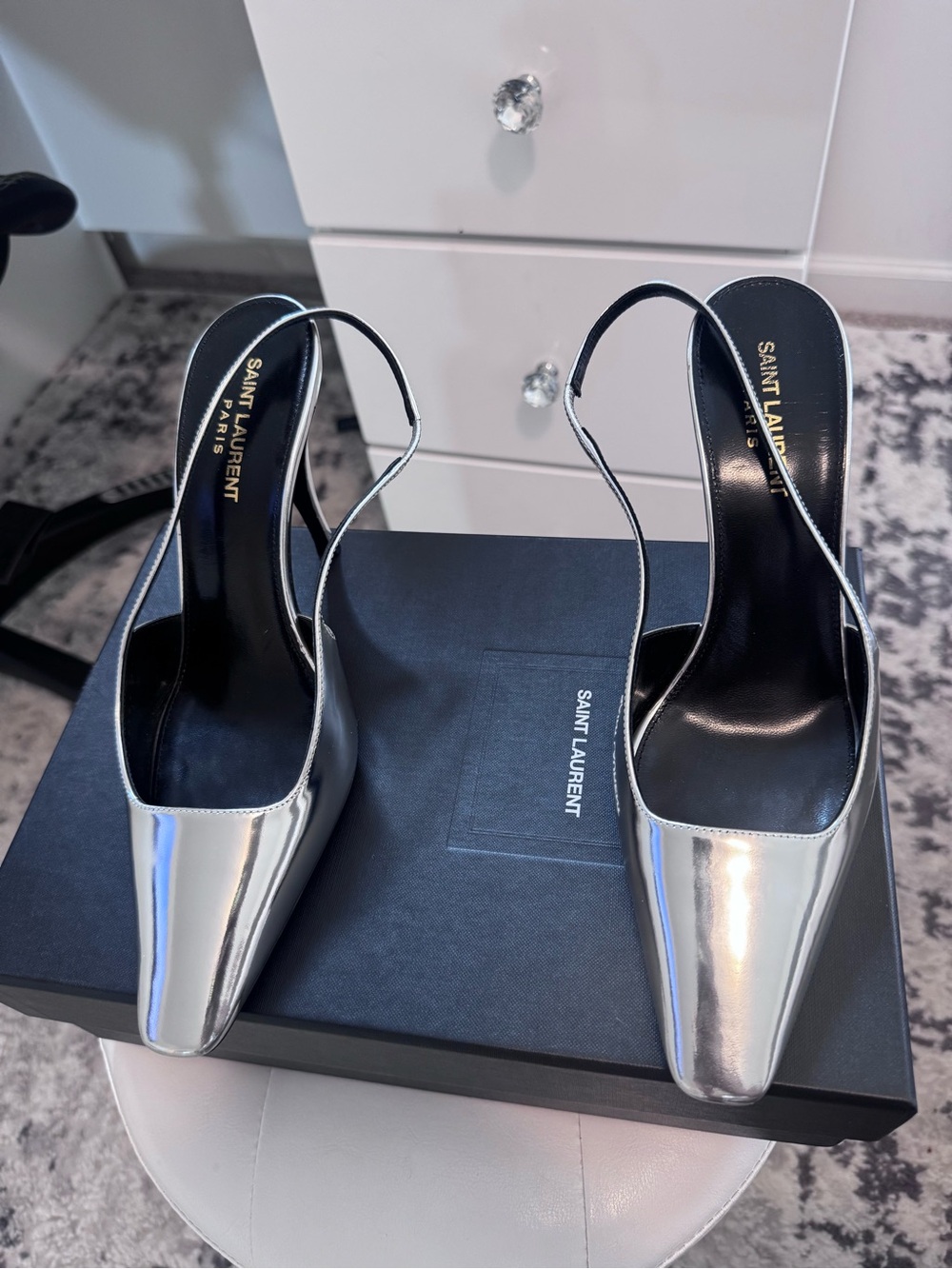 Saint Laurent Metallic Silver Slingback Pointed Heels size 39 - Picture 2 of 6